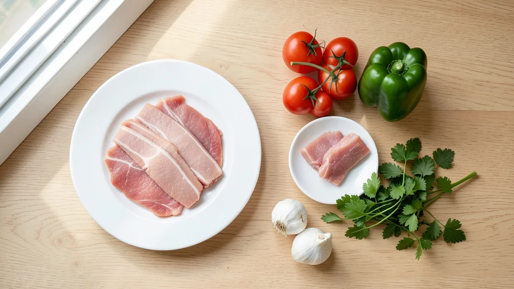 大きさの違う皿に分けた豚肉と、トマトやピーマンなどの食材を並べた演出イメージ